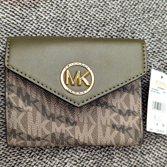 Michael Kors Olive Green Trifold Wallet with Gold Hardware MK logo NWT - Picture 7 of 7